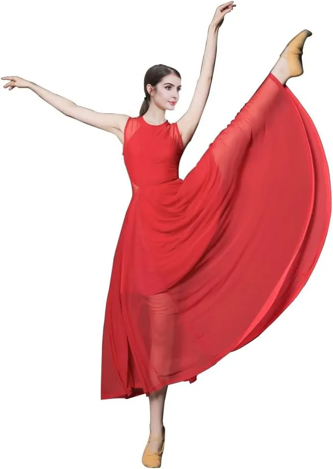 ROYAL SMEELA Women Lyrical Dance Dress Elegant Modern Contemporary Dance Costume Sleeveless Flowy Mesh Tulle Maxi Long Skirt