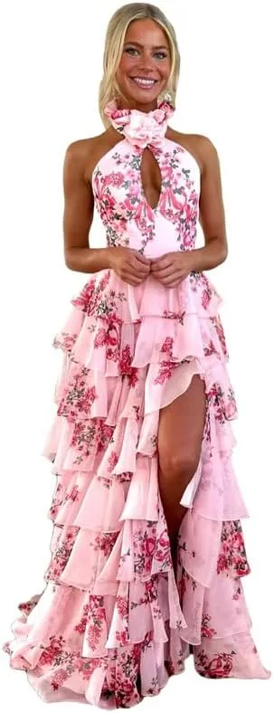 Ruffles Floral Prom Dress Tiered Halter Long Hollow Out Formal Evening Party Gowns witth Slit