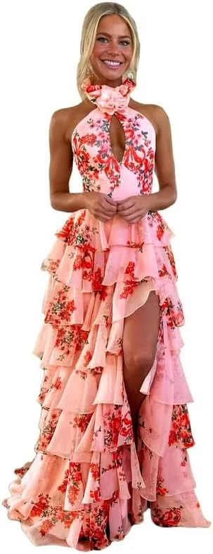 Ruffles Floral Prom Dress Tiered Halter Long Hollow Out Formal Evening Party Gowns witth Slit