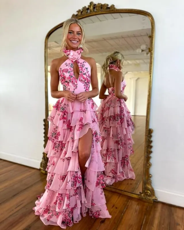 Ruffles Floral Prom Dress Tiered Halter Long Hollow Out Formal Evening Party Gowns witth Slit