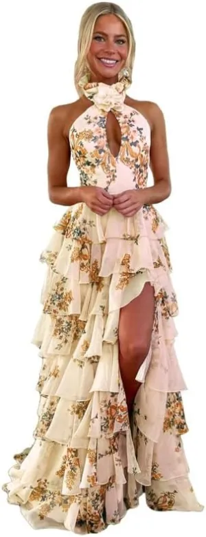 Ruffles Floral Prom Dress Tiered Halter Long Hollow Out Formal Evening Party Gowns witth Slit