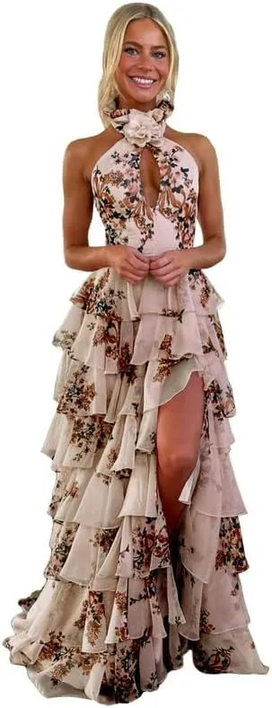 Ruffles Floral Prom Dress Tiered Halter Long Hollow Out Formal Evening Party Gowns witth Slit