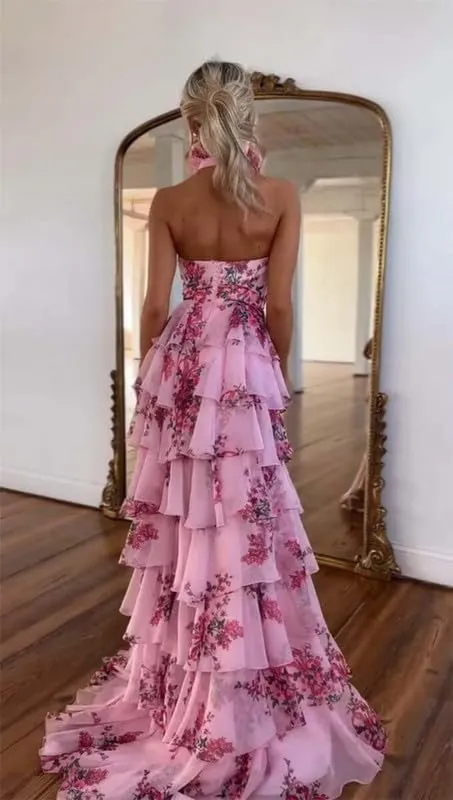 Ruffles Floral Prom Dress Tiered Halter Long Hollow Out Formal Evening Party Gowns witth Slit