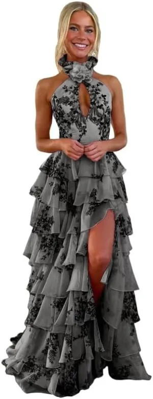 Ruffles Floral Prom Dress Tiered Halter Long Hollow Out Formal Evening Party Gowns witth Slit