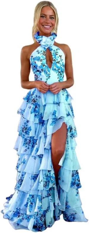 Ruffles Floral Prom Dress Tiered Halter Long Hollow Out Formal Evening Party Gowns witth Slit
