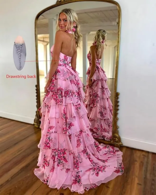 Ruffles Floral Prom Dress Tiered Halter Long Hollow Out Formal Evening Party Gowns witth Slit