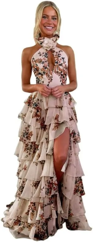 Ruffles Floral Prom Dress Tiered Halter Long Hollow Out Formal Evening Party Gowns witth Slit