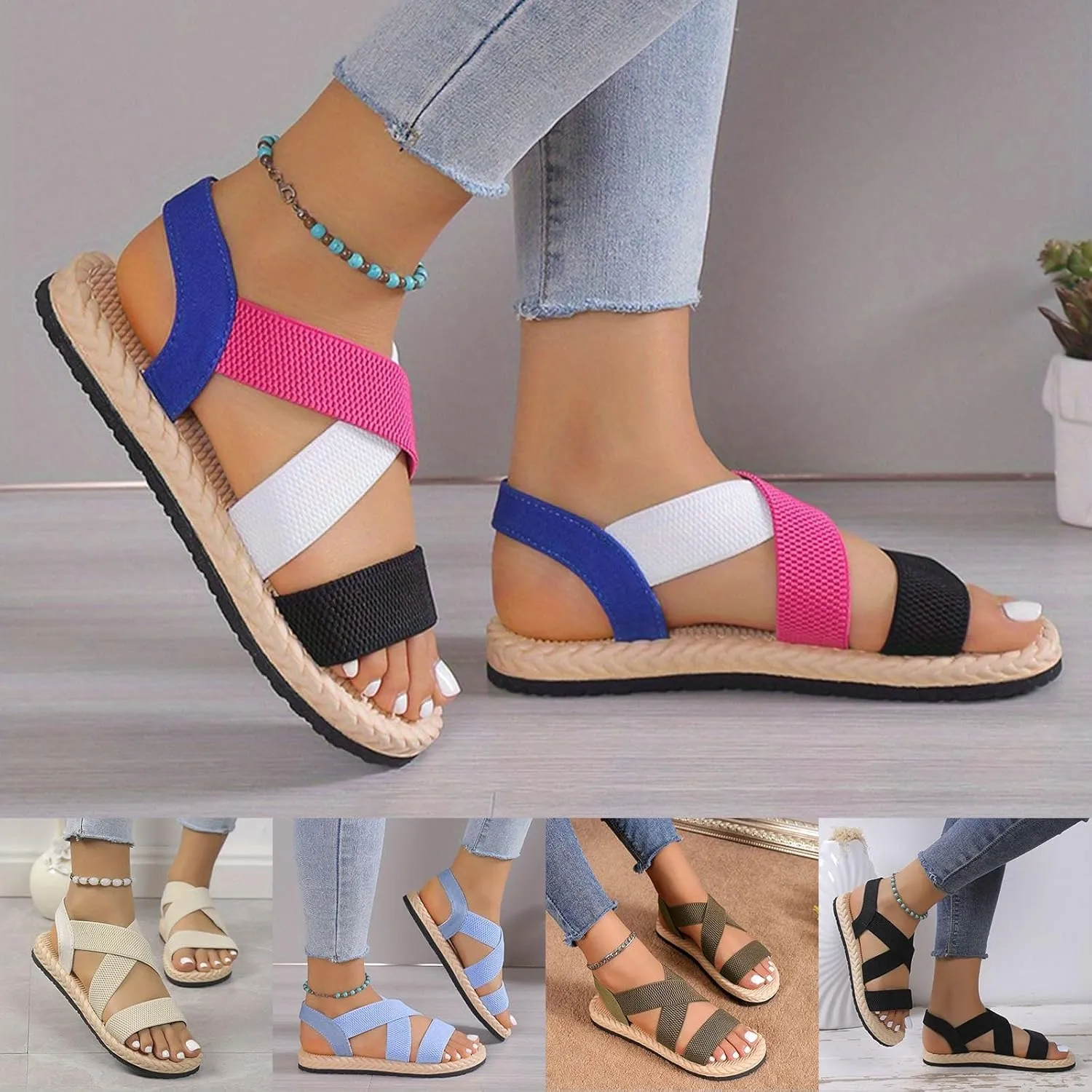 Sandals Women Summer Beach Flat Sandals Open Toe Elastic Ankle Strap Sandals Slip on Comfy Bohemia Shoes