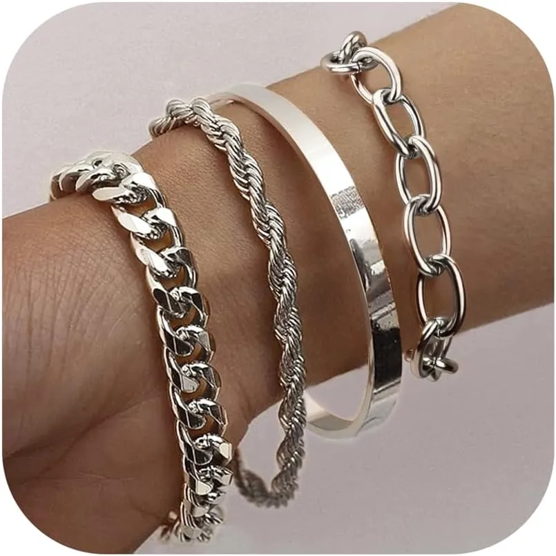 Sanfenly Gold Bracelets for Women Waterproof, 14K Gold Bracelet Stack Non Tarnish Link Bracelets Set Women's Layered Cable Chain Cuban Paperclip Snake Rope Chain Bracelet