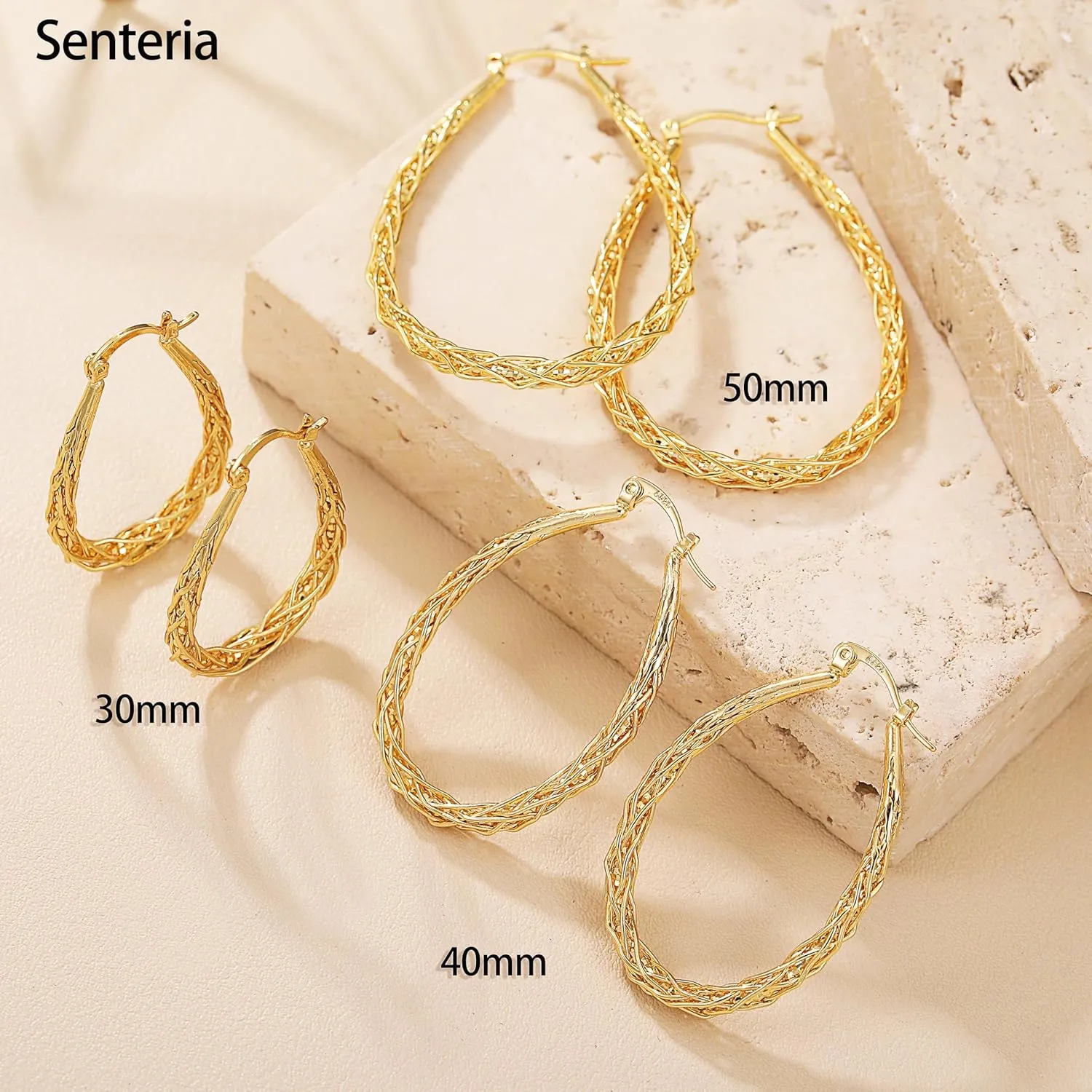 Senteria Sterling Silver Hoop Earrings - Medium, Lightweight, Thick Twist Oval Hoops