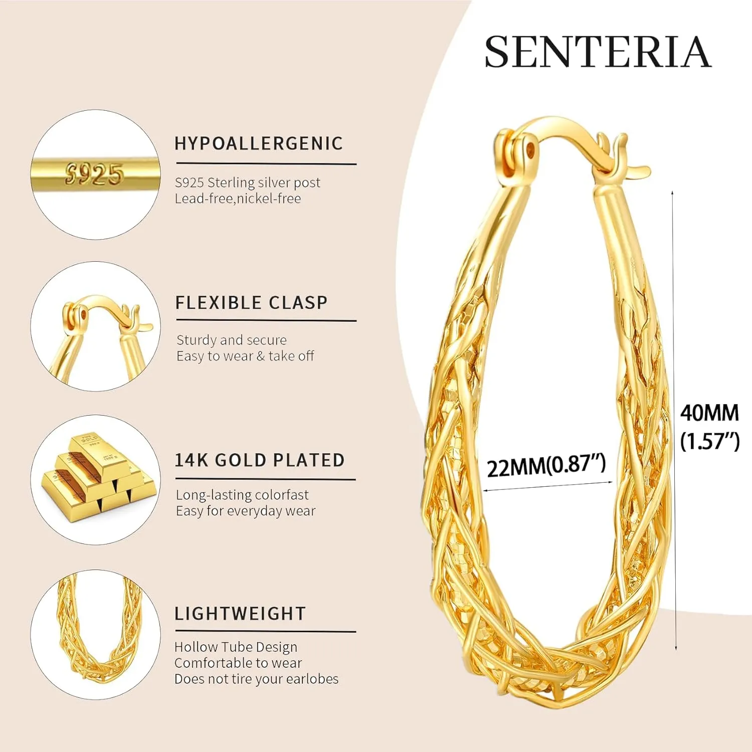 Senteria Sterling Silver Hoop Earrings - Medium, Lightweight, Thick Twist Oval Hoops