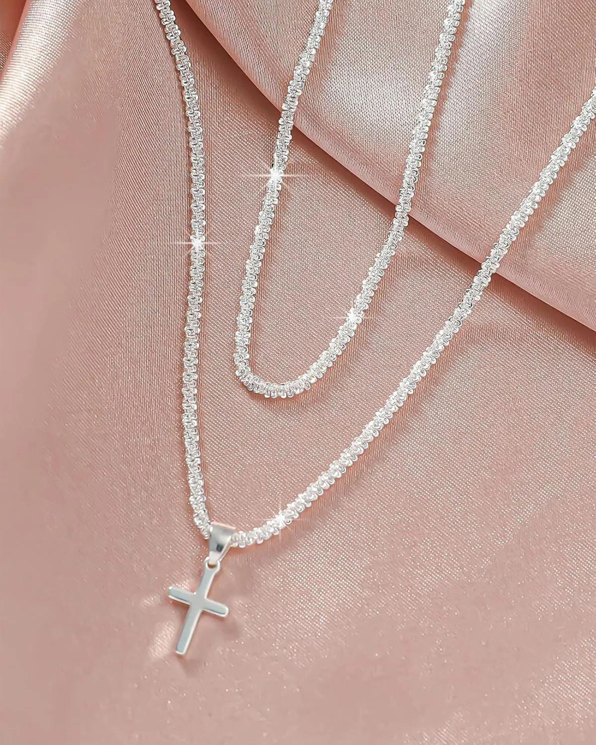Silver Necklace for Women Silver Cross Pendant Necklace Trendy Silver Layered Necklaces Glitter Silver Chain Choker Necklaces Simple Silver Jewelry for Womens
