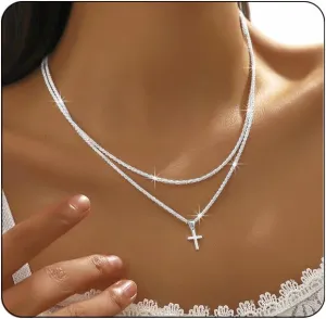Silver Necklace for Women Silver Cross Pendant Necklace Trendy Silver Layered Necklaces Glitter Silver Chain Choker Necklaces Simple Silver Jewelry for Womens