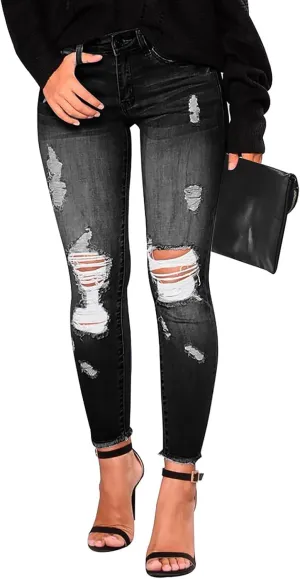 Skinny Jeans for Women Trendy Destroyed Ripped Stretchy High Waisted Jeans Casual Tummy Control Button Denim Pants