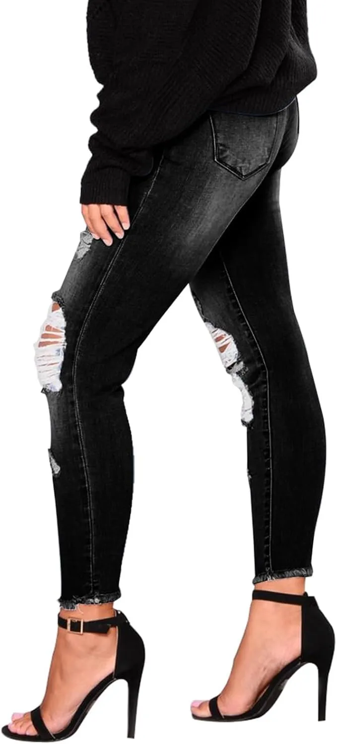 Skinny Jeans for Women Trendy Destroyed Ripped Stretchy High Waisted Jeans Casual Tummy Control Button Denim Pants