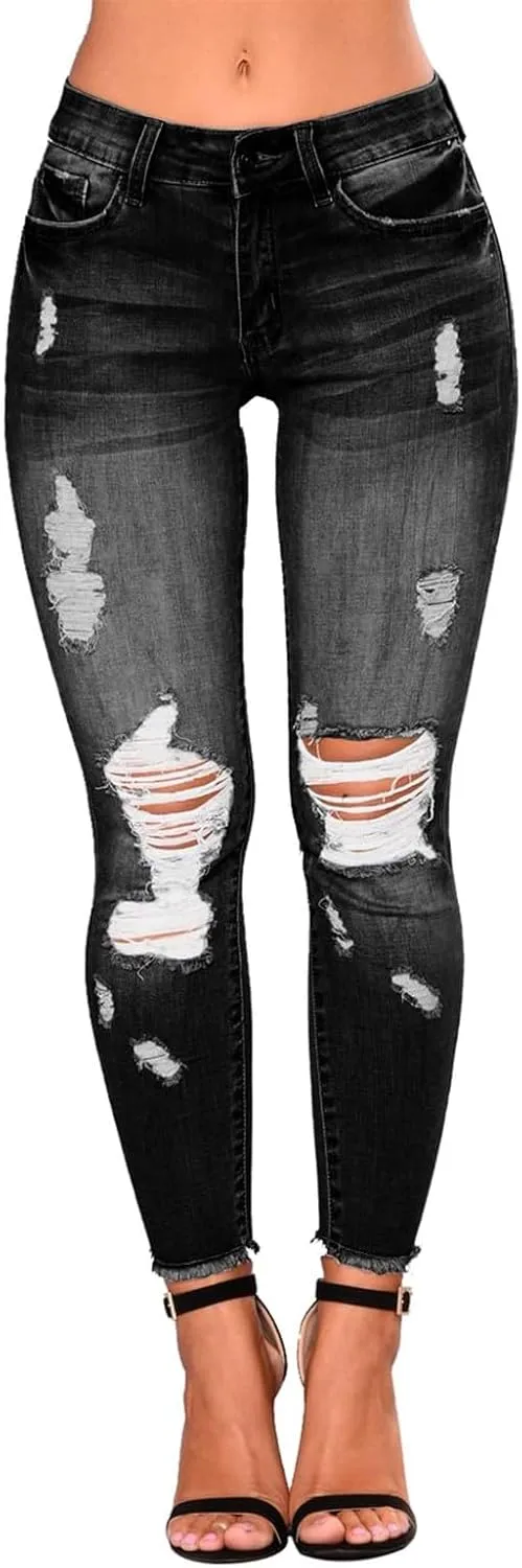 Skinny Jeans for Women Trendy Destroyed Ripped Stretchy High Waisted Jeans Casual Tummy Control Button Denim Pants