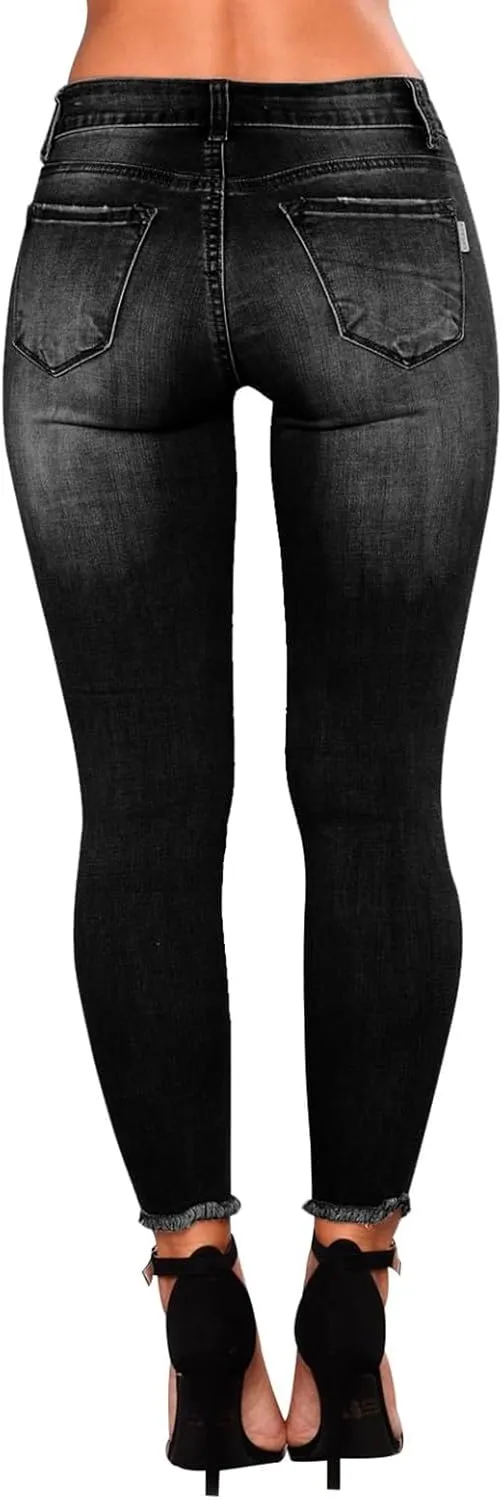 Skinny Jeans for Women Trendy Destroyed Ripped Stretchy High Waisted Jeans Casual Tummy Control Button Denim Pants