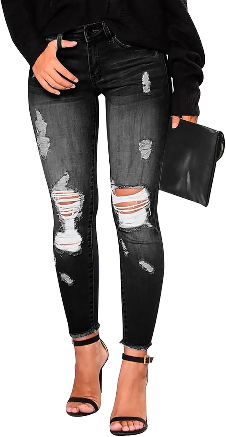 Skinny Jeans for Women Trendy Destroyed Ripped Stretchy High Waisted Jeans Casual Tummy Control Button Denim Pants