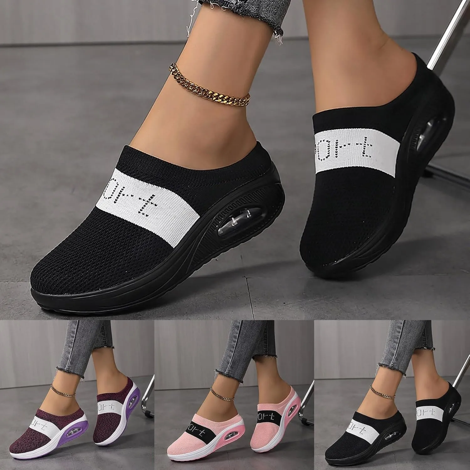 Slip On Sneakers Women Woven Orthopedic Breathable Soft Sole Shoes Outdoor Comfort Casual Fashion Sneakers Women's Mules Shoes Mesh Walking Mules Shoes Lightweight Wedge Platform Loafers