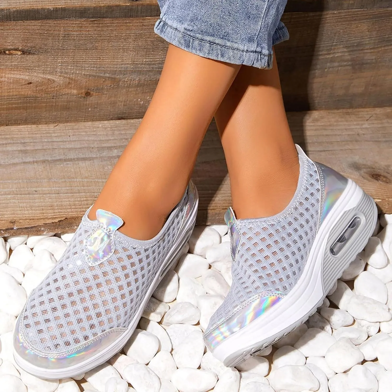 Slip On Sneakers Women Woven Orthopedic Breathable Soft Sole Shoes Outdoor Comfort Casual Fashion Sneakers Women's Mules Shoes Mesh Walking Mules Shoes Lightweight Wedge Platform Loafers