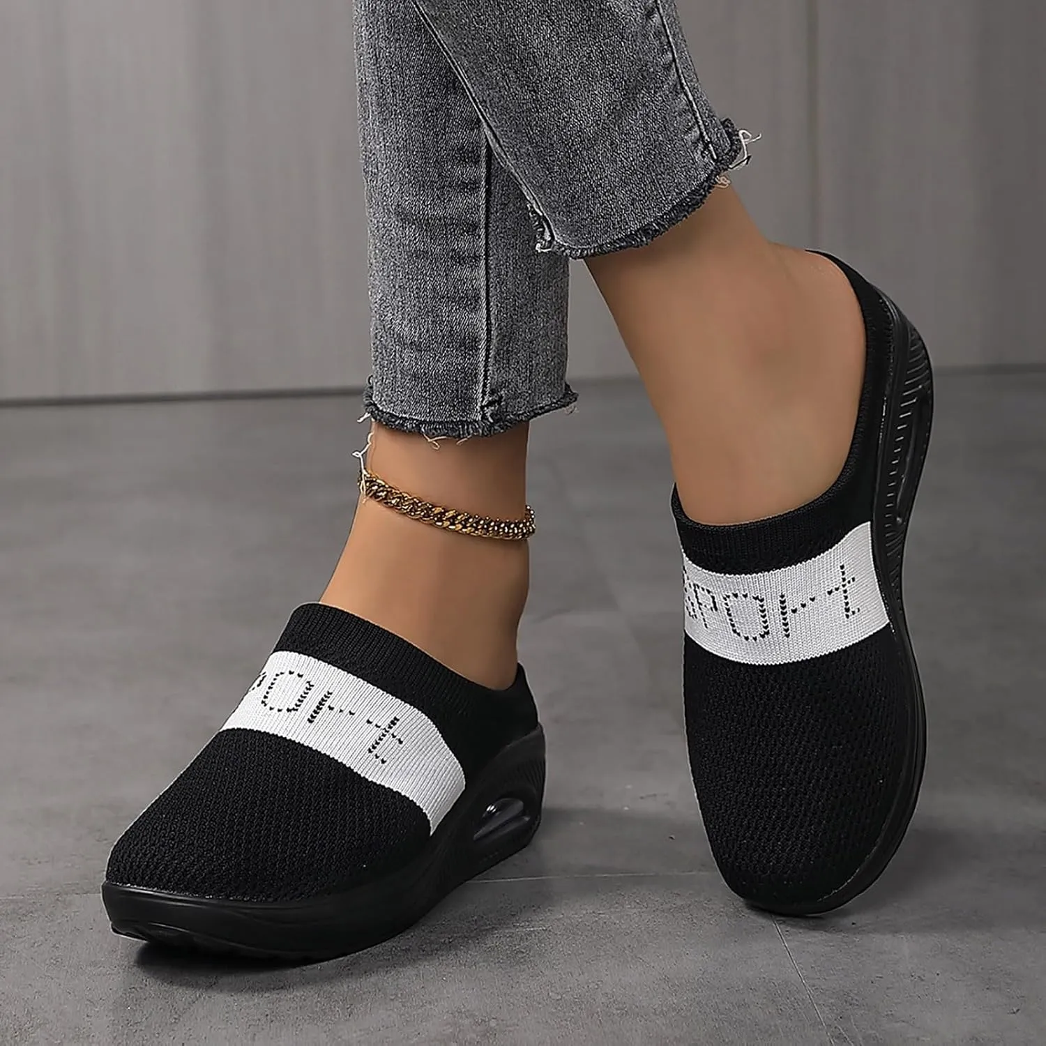 Slip On Sneakers Women Woven Orthopedic Breathable Soft Sole Shoes Outdoor Comfort Casual Fashion Sneakers Women's Mules Shoes Mesh Walking Mules Shoes Lightweight Wedge Platform Loafers