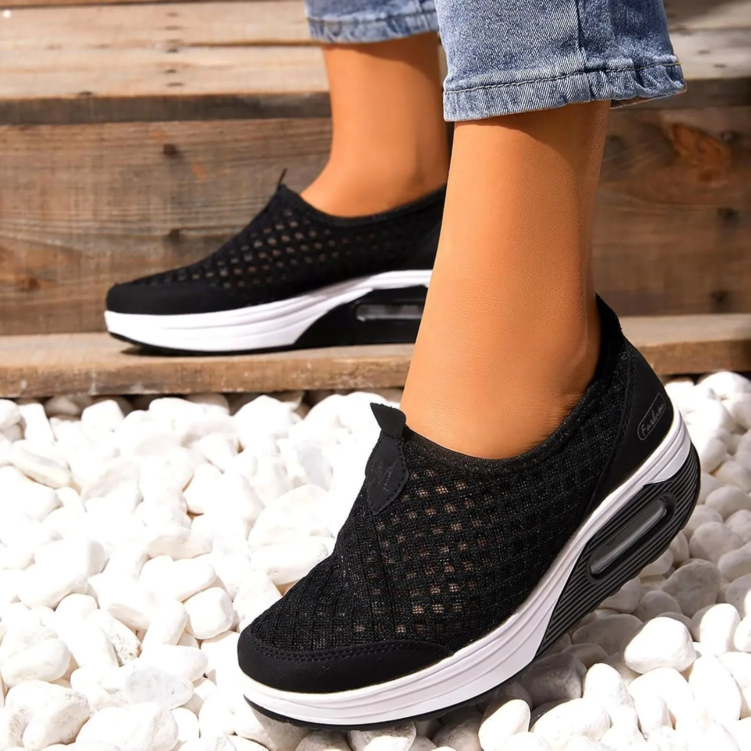 Slip On Sneakers Women Woven Orthopedic Breathable Soft Sole Shoes Outdoor Comfort Casual Fashion Sneakers Women's Mules Shoes Mesh Walking Mules Shoes Lightweight Wedge Platform Loafers