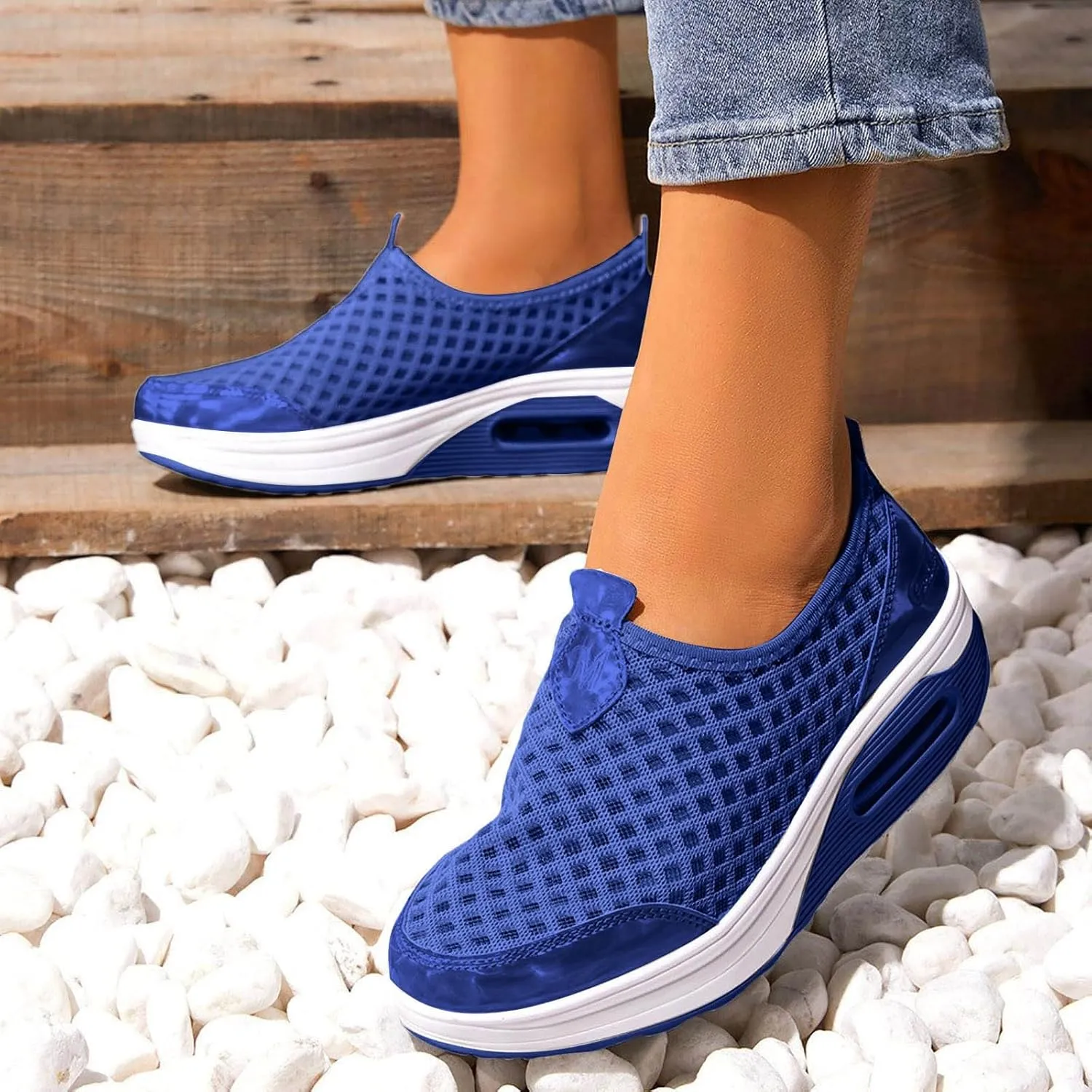 Slip On Sneakers Women Woven Orthopedic Breathable Soft Sole Shoes Outdoor Comfort Casual Fashion Sneakers Women's Mules Shoes Mesh Walking Mules Shoes Lightweight Wedge Platform Loafers