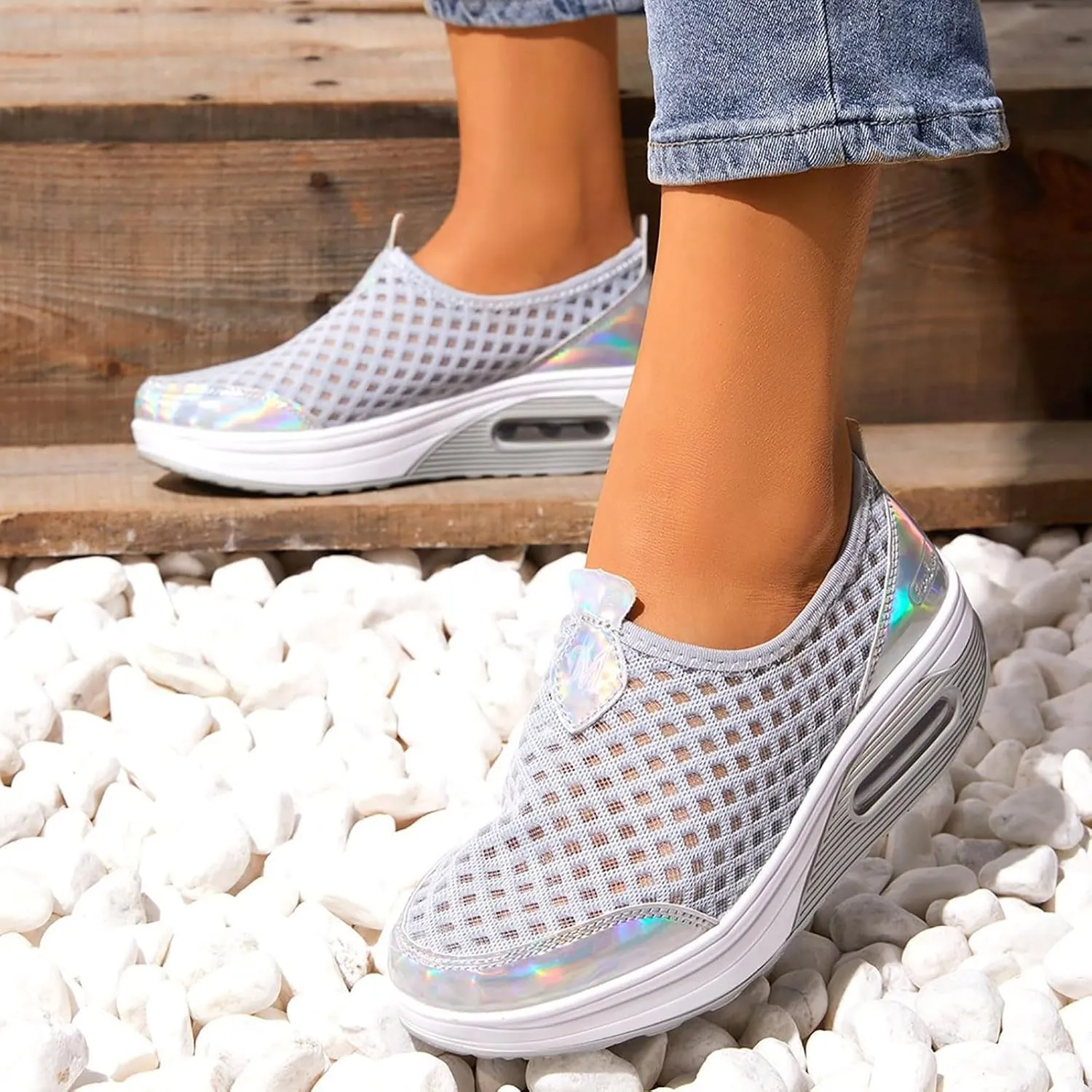 Slip On Sneakers Women Woven Orthopedic Breathable Soft Sole Shoes Outdoor Comfort Casual Fashion Sneakers Women's Mules Shoes Mesh Walking Mules Shoes Lightweight Wedge Platform Loafers