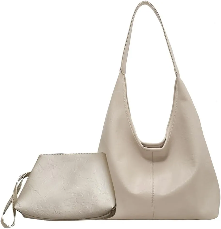 Slouchy Hobo Bags for Women Large Tote Bag 2PCS Retro Vegan Leather Shoulder Slouchy Handbags with Clutch Purse Set