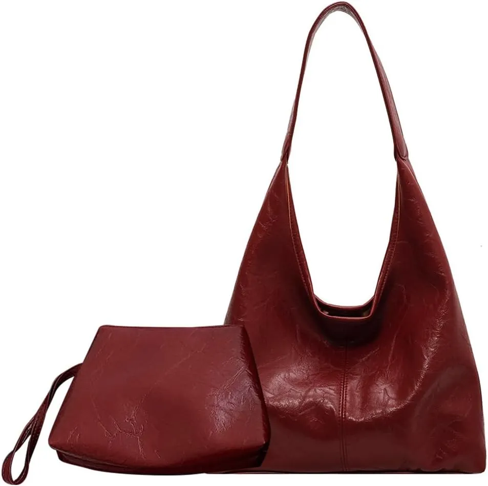 Slouchy Hobo Bags for Women Large Tote Bag 2PCS Retro Vegan Leather Shoulder Slouchy Handbags with Clutch Purse Set