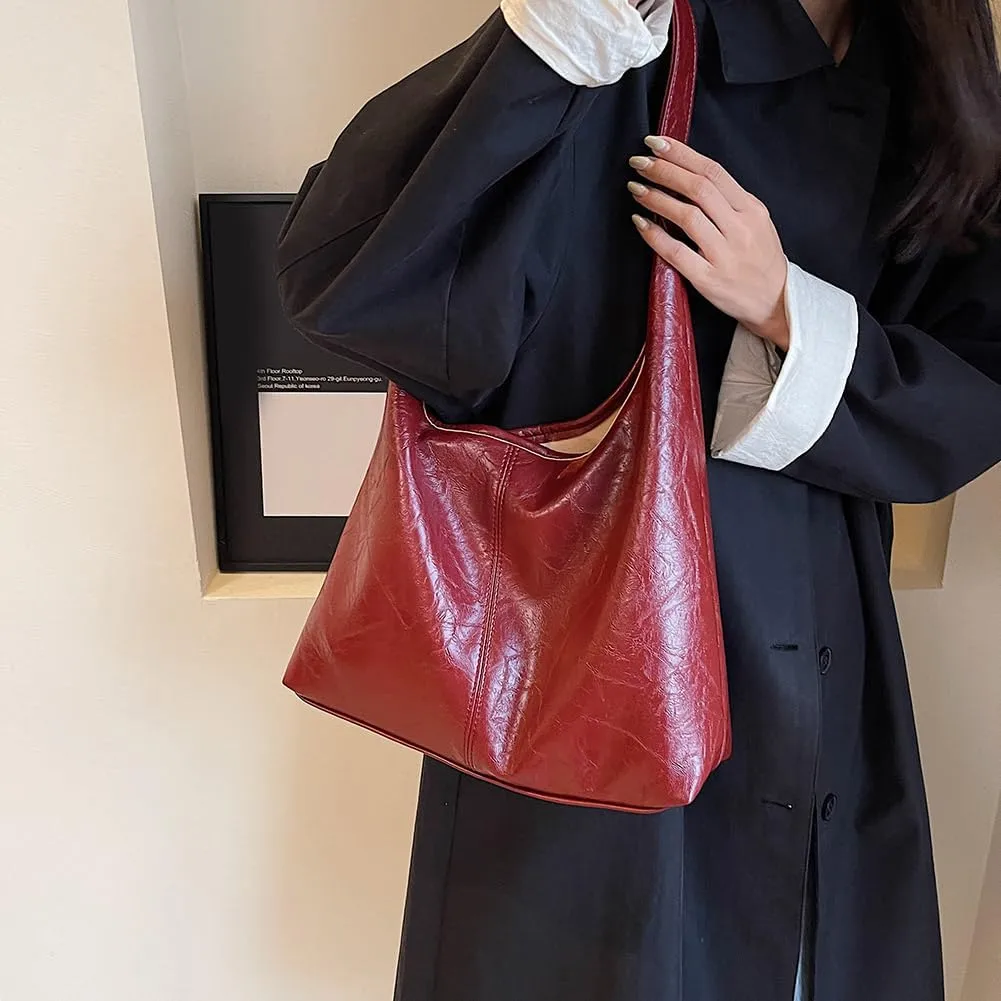 Slouchy Hobo Bags for Women Large Tote Bag 2PCS Retro Vegan Leather Shoulder Slouchy Handbags with Clutch Purse Set