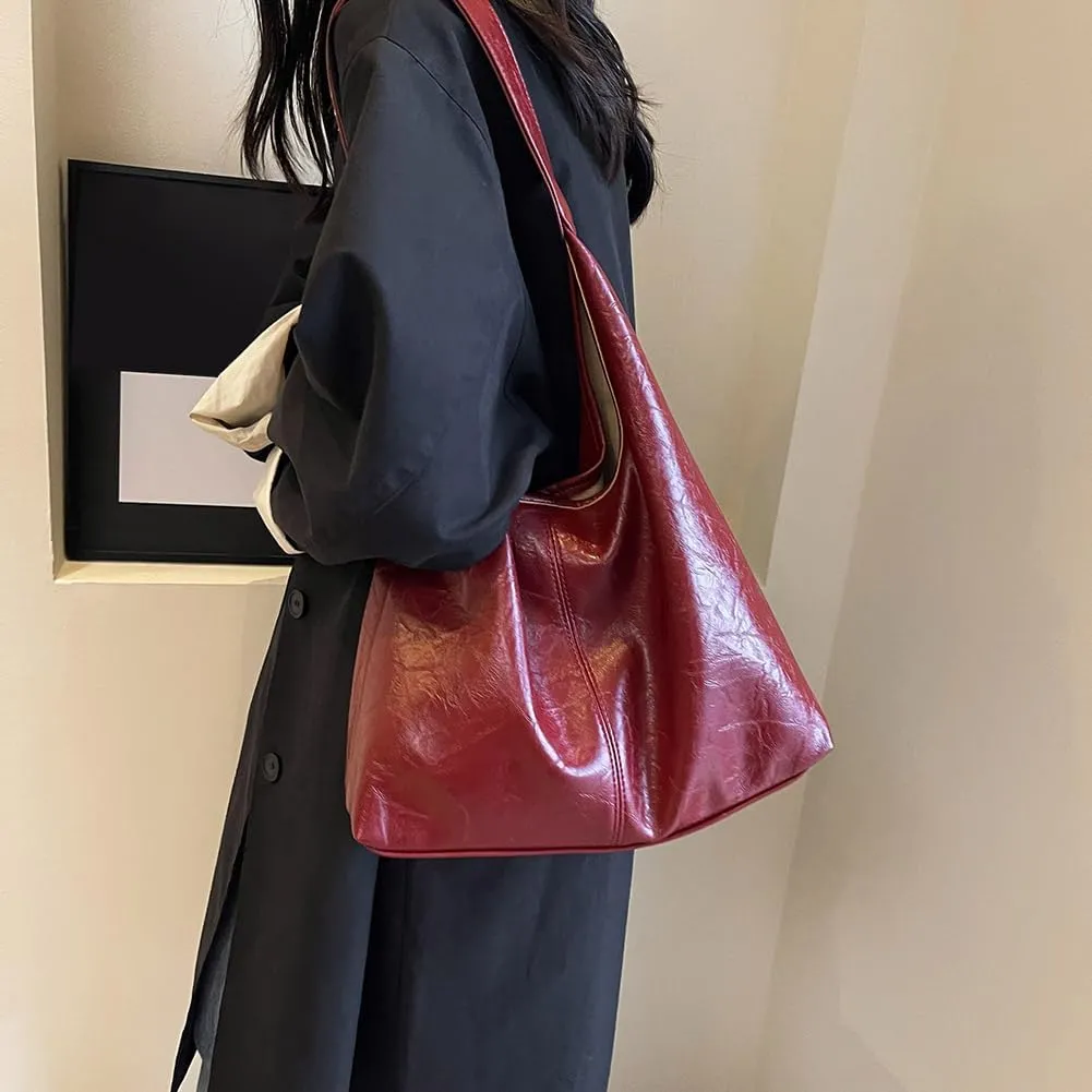 Slouchy Hobo Bags for Women Large Tote Bag 2PCS Retro Vegan Leather Shoulder Slouchy Handbags with Clutch Purse Set