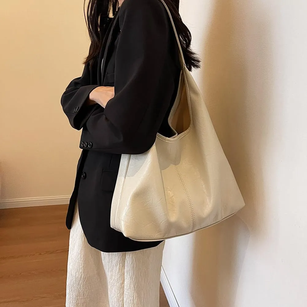 Slouchy Hobo Bags for Women Large Tote Bag 2PCS Retro Vegan Leather Shoulder Slouchy Handbags with Clutch Purse Set