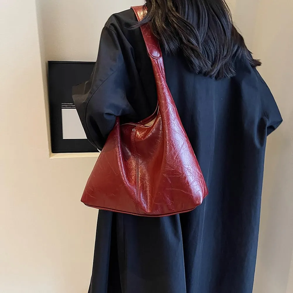 Slouchy Hobo Bags for Women Large Tote Bag 2PCS Retro Vegan Leather Shoulder Slouchy Handbags with Clutch Purse Set