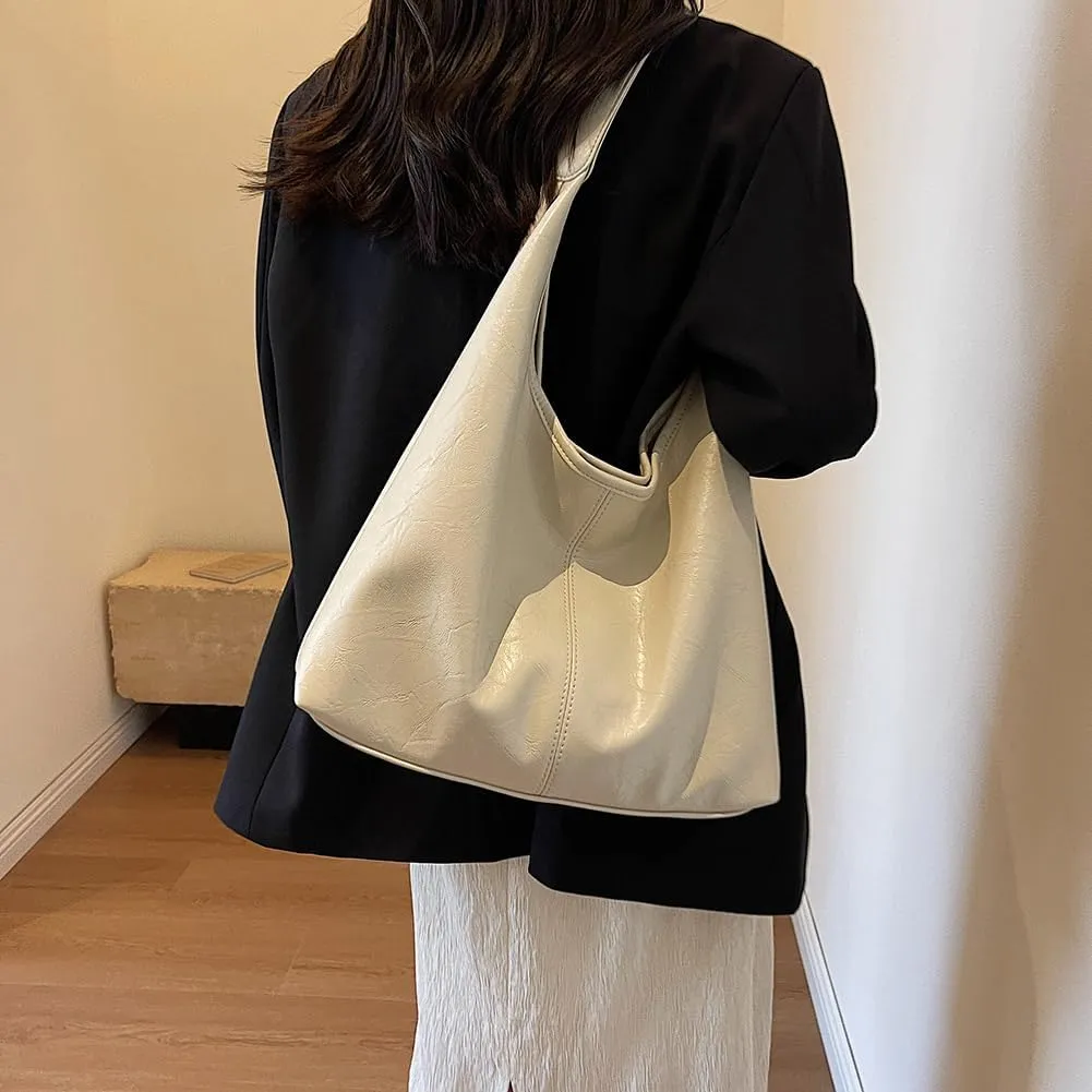 Slouchy Hobo Bags for Women Large Tote Bag 2PCS Retro Vegan Leather Shoulder Slouchy Handbags with Clutch Purse Set