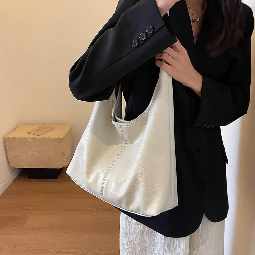 Slouchy Hobo Bags for Women Large Tote Bag 2PCS Retro Vegan Leather Shoulder Slouchy Handbags with Clutch Purse Set