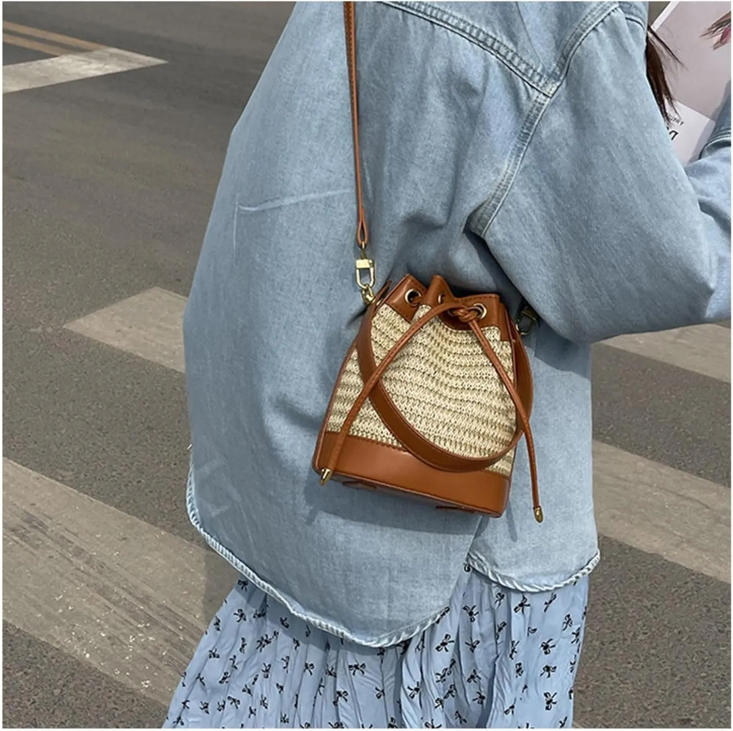 Small Straw Bag Bucket Crossbody Bag for Women Canvas Leather Shoulder Bohemian Tote Messenger Bag Purse Satchels