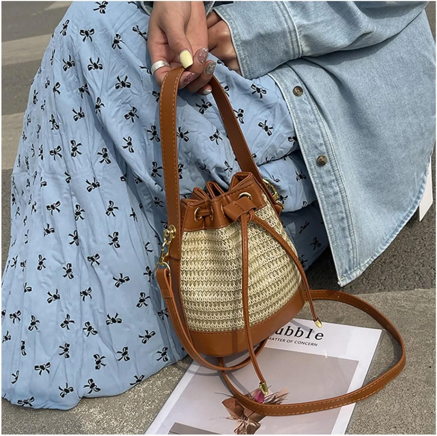 Small Straw Bag Bucket Crossbody Bag for Women Canvas Leather Shoulder Bohemian Tote Messenger Bag Purse Satchels