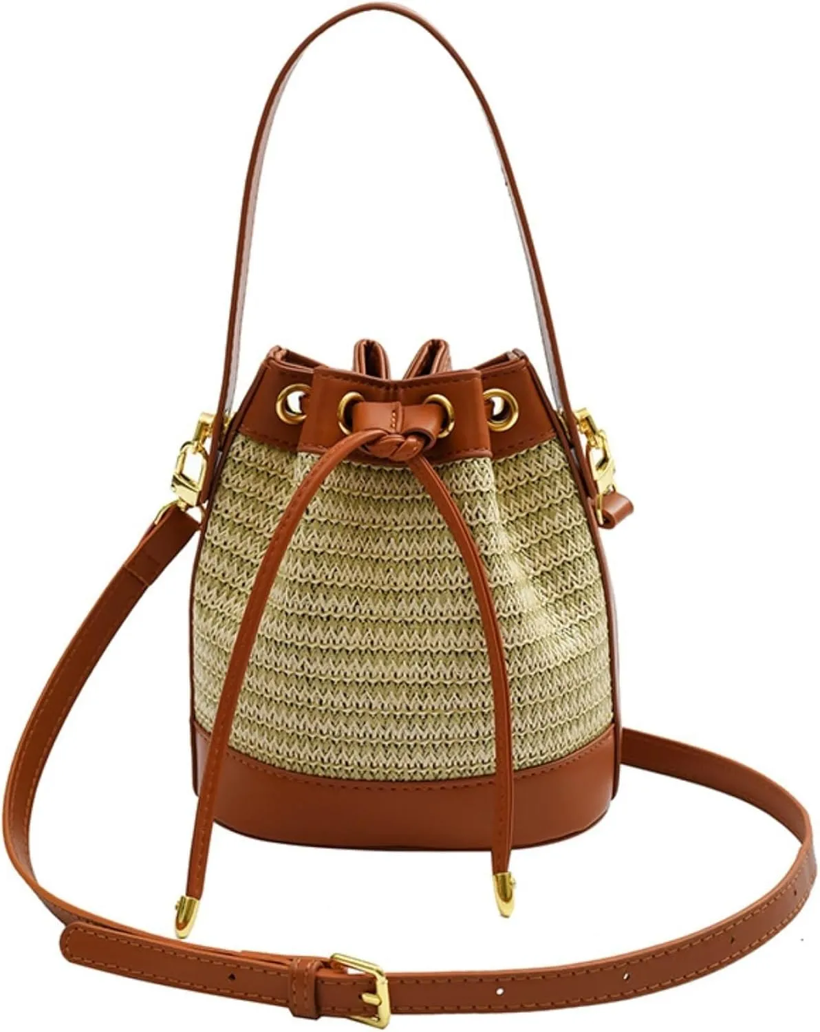 Small Straw Bag Bucket Crossbody Bag for Women Canvas Leather Shoulder Bohemian Tote Messenger Bag Purse Satchels