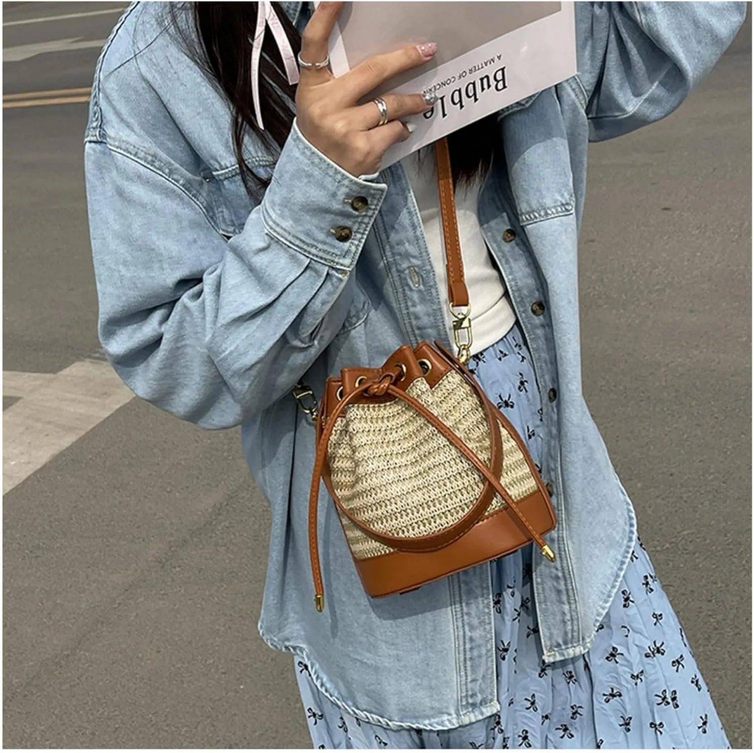 Small Straw Bag Bucket Crossbody Bag for Women Canvas Leather Shoulder Bohemian Tote Messenger Bag Purse Satchels