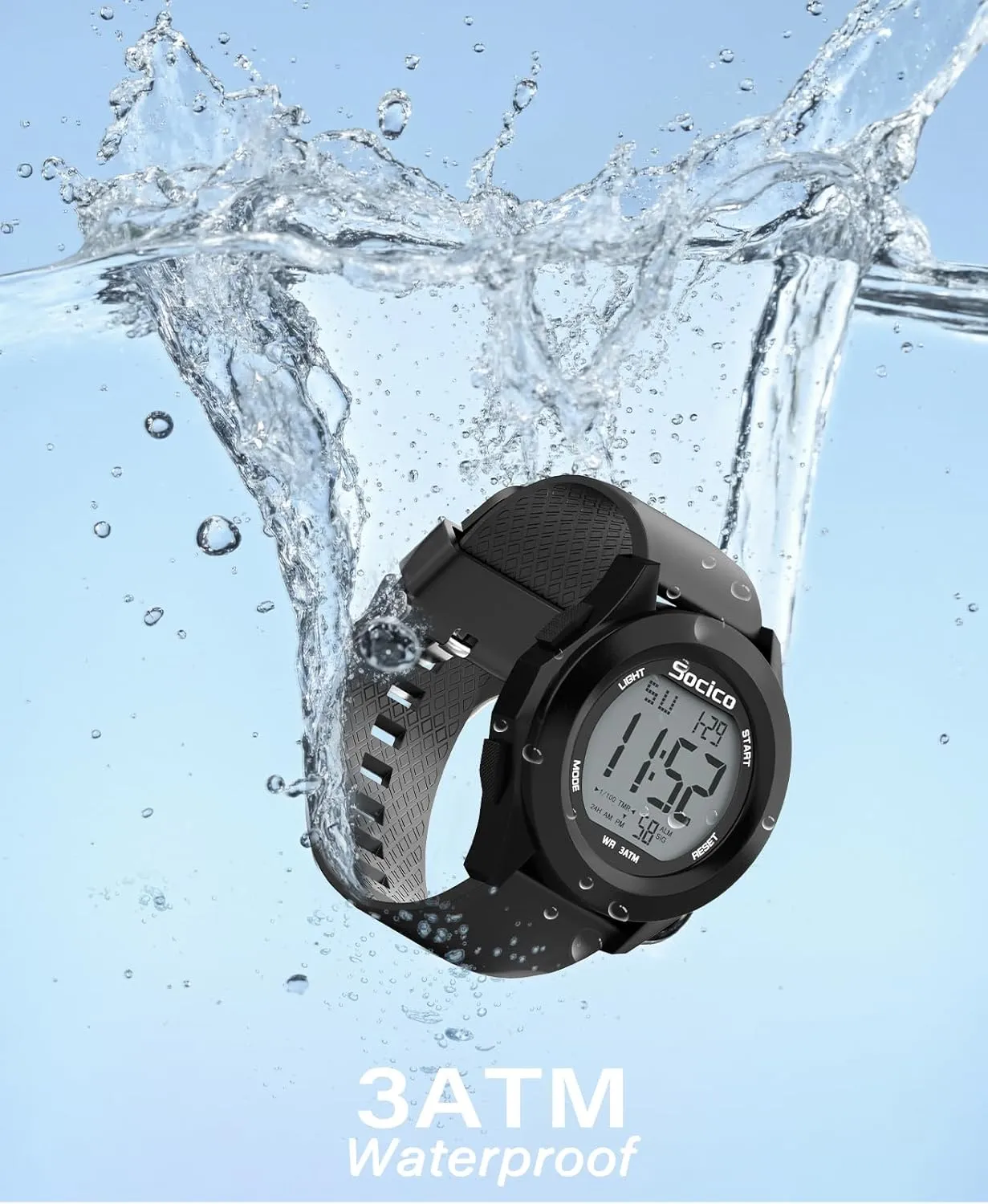 SOCICO Mens Digital Watch Sports Waterproof Outdoor Large Face Military Watches with Stopwatch Back Light Alarm Date Display