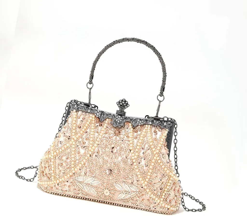 Sophisticated Handmade Beadwork Clutch Purse With Kiss Lock Closure Shoulder Bag Handbag For Wedding And Galas