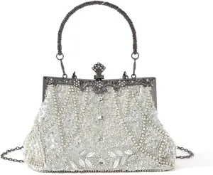 Sophisticated Handmade Beadwork Clutch Purse With Kiss Lock Closure Shoulder Bag Handbag For Wedding And Galas