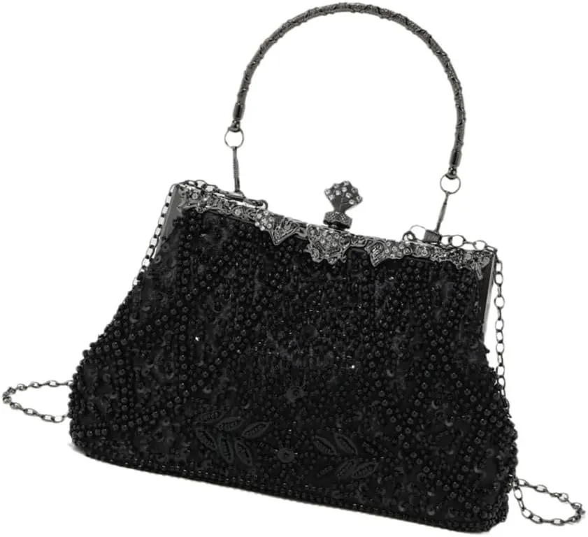 Sophisticated Handmade Beadwork Clutch Purse With Kiss Lock Closure Shoulder Bag Handbag For Wedding And Galas