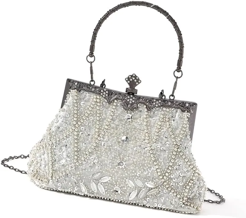Sophisticated Handmade Beadwork Clutch Purse With Kiss Lock Closure Shoulder Bag Handbag For Wedding And Galas