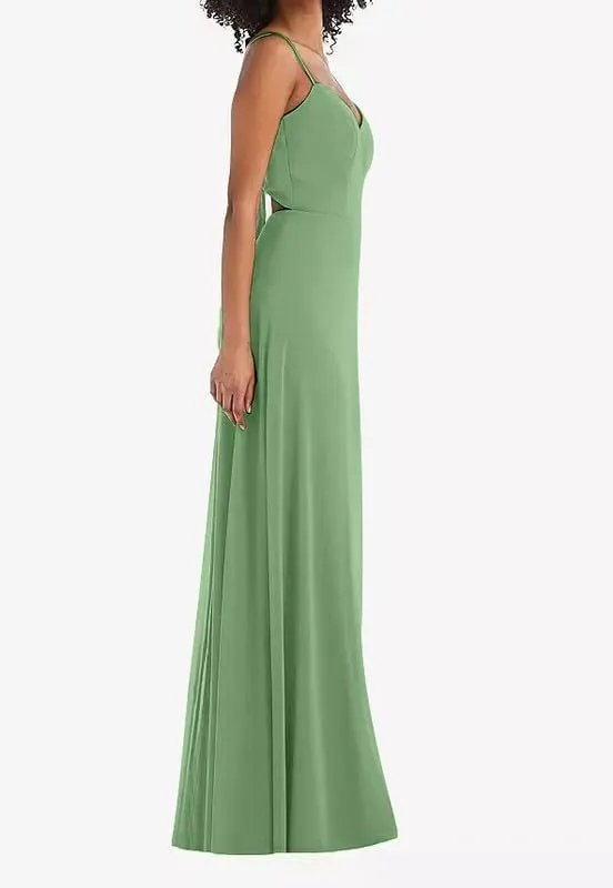 Spaghetti Straps Bridesmaid Dresses for Women 2024 Chiffon Sheath Long Evening Gowns with Slit V-Neck Open Back