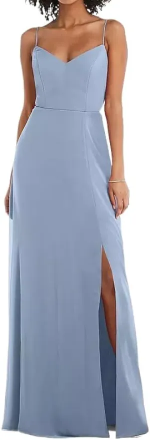 Spaghetti Straps Bridesmaid Dresses for Women 2024 Chiffon Sheath Long Evening Gowns with Slit V-Neck Open Back