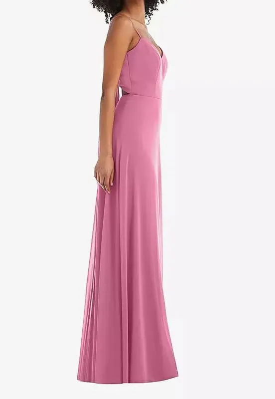 Spaghetti Straps Bridesmaid Dresses for Women 2024 Chiffon Sheath Long Evening Gowns with Slit V-Neck Open Back