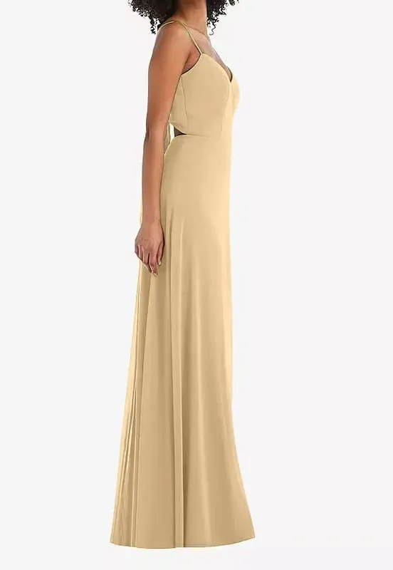 Spaghetti Straps Bridesmaid Dresses for Women 2024 Chiffon Sheath Long Evening Gowns with Slit V-Neck Open Back
