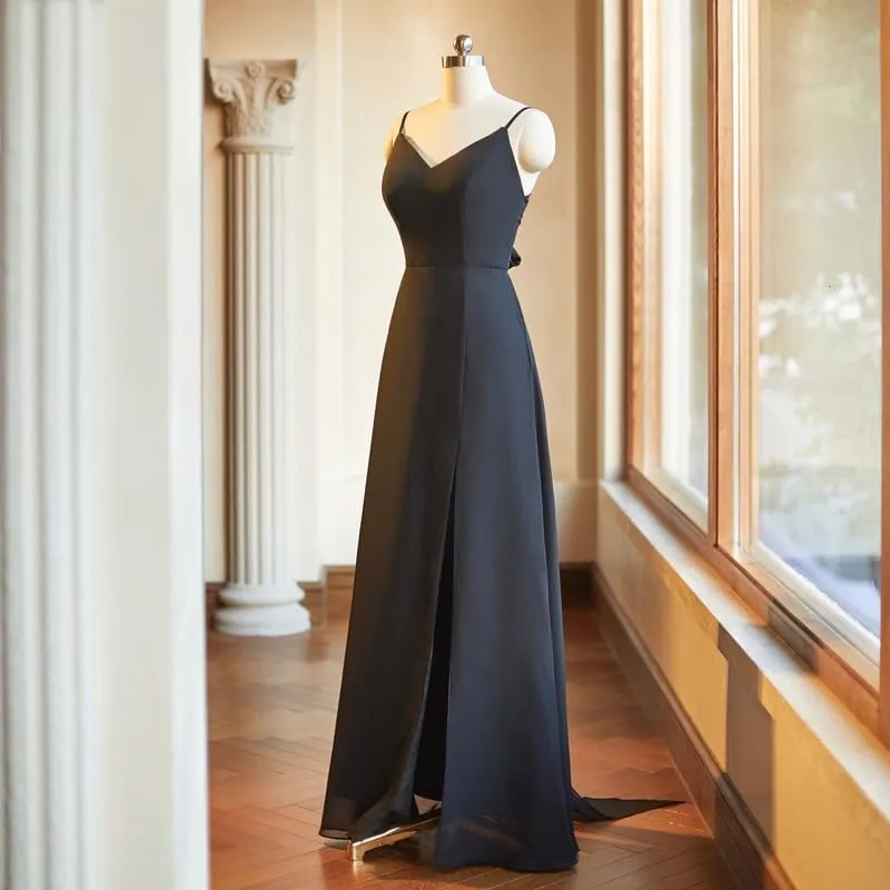 Spaghetti Straps Bridesmaid Dresses for Women 2024 Chiffon Sheath Long Evening Gowns with Slit V-Neck Open Back